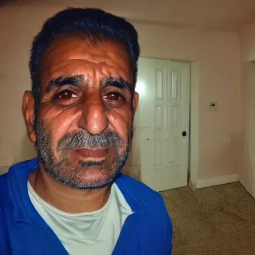 Prompt: my Kurdish dad accidentally taking a selfie with the front camera, squinting because the camera flash is so bright in his face, 4k uhd photo