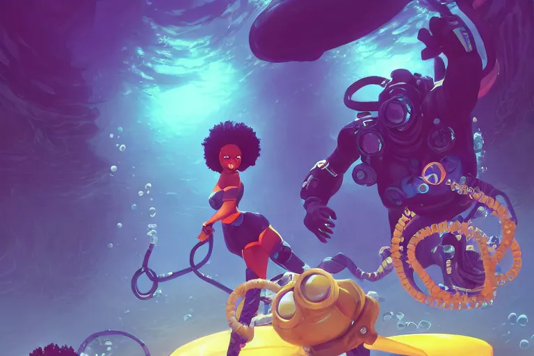 Prompt: afro - futurist scuba divers swimming away from a one - eyes tentacled monster | hyperrealistic digital painting by makoto shinkai, ilya kuvshinov, lois van baarle, rossdraws | afrofuturism in the style of hearthstone and overwatch, trending on artstation