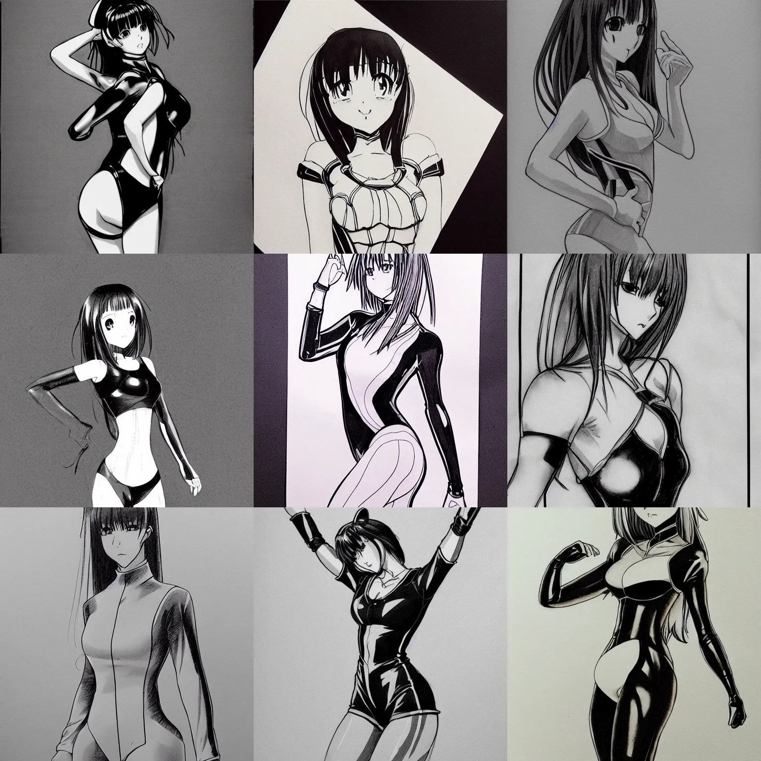 Image similar to beautiful aesthetic inspirational masterful professional ink pen liner sketch of a 1 9 9 0 s anime manga japanese girl posing in latex leotard, marvel style, concept art, fine details, trending on artstation, high quality paper, instagram photo. art university academy work, gnomon, calarts, disney pixar