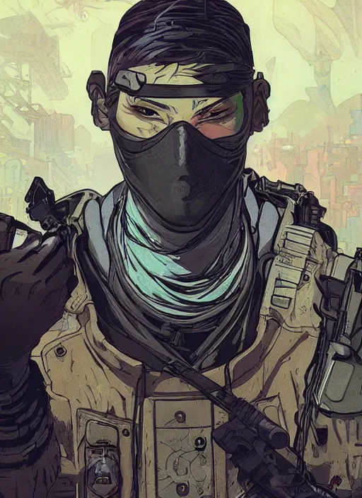 Image similar to cyberpunk ninja dude. portrait by ashley wood and alphonse mucha and laurie greasley and josan gonzalez and james gurney. splinter cell, apex legends, rb 6 s, hl 2, d & d, cyberpunk 2 0 7 7. realistic face. character clothing. vivid color. dystopian setting.