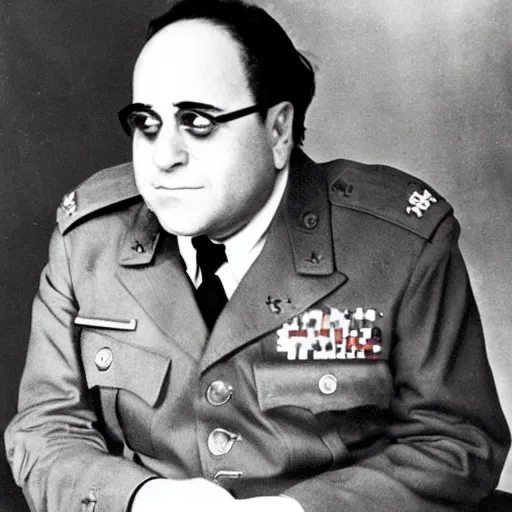 Image similar to 1942 portrait photograph, Danny DeVito in a Nazi officer's uniform