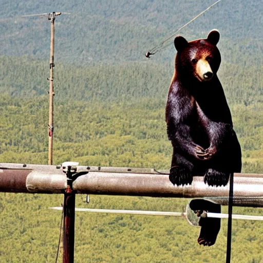 Image similar to the bear sits on a high pole and repairs high-voltage wires. High-resolution photo.