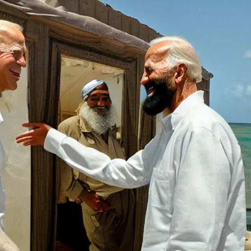 Prompt: ultra realistic candid photograph from osama bin laden with joe biden in bahamas, intricate details, face details