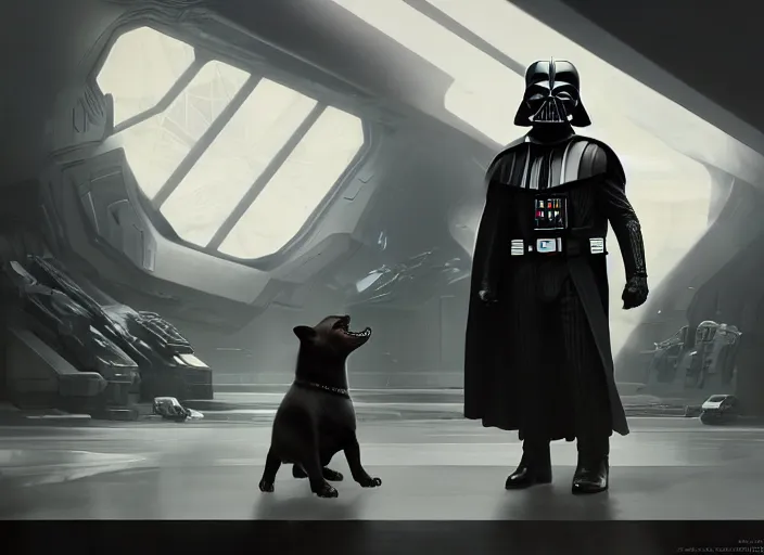 Image similar to a Photorealistic dramatic hyperrealistic render of darth vader facing off against a cute corgi, futuristic star wars vibe, by WLOP and Artgerm and Greg Rutkowski and Alphonse Mucha, Beautiful dynamic dramatic dark moody lighting, shadows, cinematic atmosphere, Artstation, concept design art, Octane render, 8K, masterpiece, sharp focus