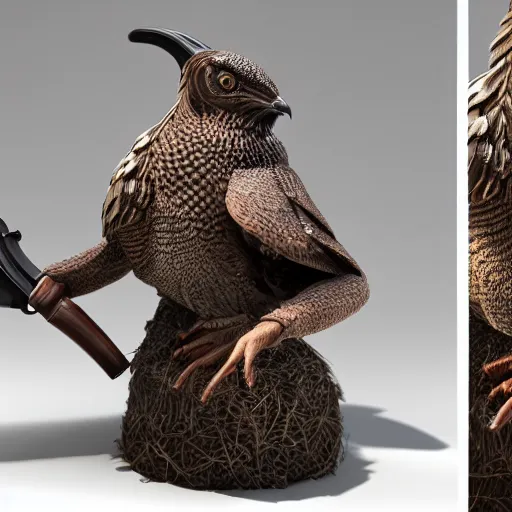 Image similar to a 3 d model of a grouse holding a blunderbuss, studio lighting, octane render, hyper detailed, product photography, 8 k, highly detailed