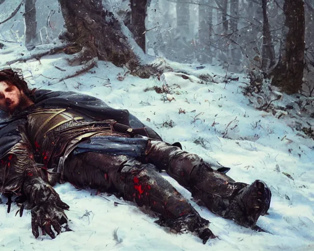 Prompt: Highly realistic oil painting of a wounded knight lying in the snow, surrounded by blue flowers, blood on flowers, by greg rutkowski, highly detailed, cinematic lighting, moody, dark