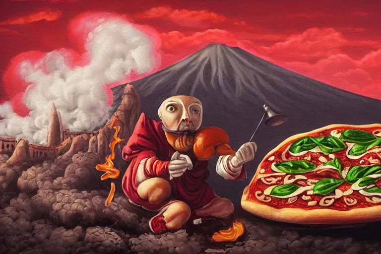 Image similar to a highly detailed pizza! with pulcinella!!! from naples, volcano in the background, black sky, smoke, fire lava, full body, wide angle, an ultrafine detailed painting by rivorio mok, trending on deviantart, whimsical, lowbrow, perfect symmetrical face, sharp focus, octane, masterpiece