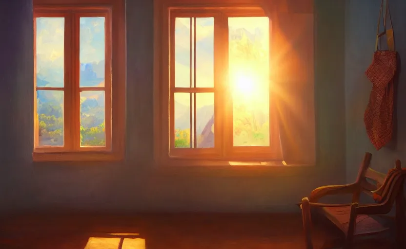 Image similar to rays of the morning sun shining through the window of the village house. very beautiful, clear sky, warm shiny colors, oil painting, high detail, trending on artstation