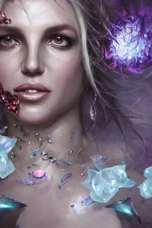 Prompt: britney face closeup of beautiful girl necromancer, witch - doctor covered with crystals exploding into ice, 3 d render, hyper realistic detailed portrait, holding magic flowers, ruan jia, wlop. scifi, fantasy, hyper detailed, octane render, concept art, peter mohrbacher