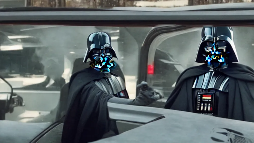 Image similar to Darth Vader working Mcdonalds Drive through, film still from the movie directed by Denis Villeneuve with art direction by Salvador Dalí, wide lens