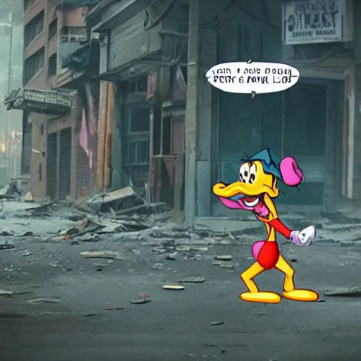 Image similar to goofy fights against the patriarchy in a post apocalyptic city realistic 4 k