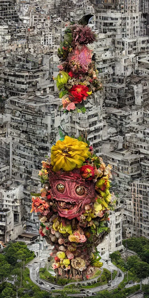 Image similar to giant grotesque flower in the middle of abandoned alien cityscape, ultradetailed by Giuseppe Arcimboldo and Josan Gonzalez