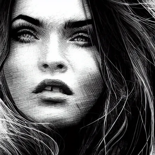 Image similar to megan fox face in beautiful mountains, double - exposure effect, in the style of dan mountford, amazing detail, black and white