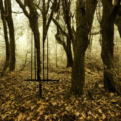 Prompt: clothes on a hanger in a lonely eery forest, fever dream, award winning photography, dreamcore, weirdcore