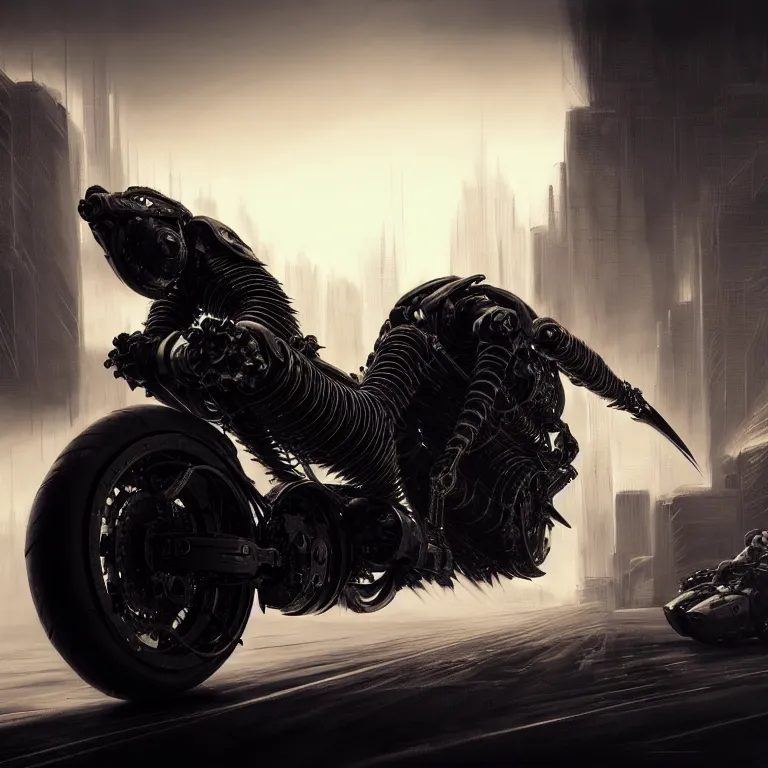 Image similar to spinal spiky ribbed black futuristic cyberpunk motocycle motorbike, concept art, beautiful intricate insanely detailed octane render, artstation, 8 k artistic photography, photorealistic, volumetric perfect light, chiaroscuro, raphael, caravaggio, beksinski, rutkowski, giger