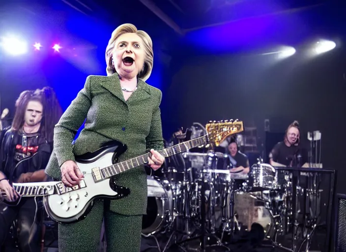 Prompt: publicity photo still of hillary clinton in a death metal band playing live on stage, 8 k, live concert lighting, mid shot