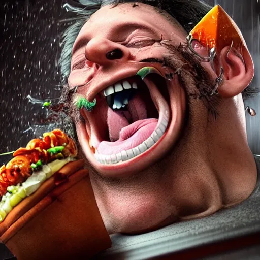 Image similar to a mad scientist laughing happily at the rain of food he managed to create , concept art, trending on artstation 3D.