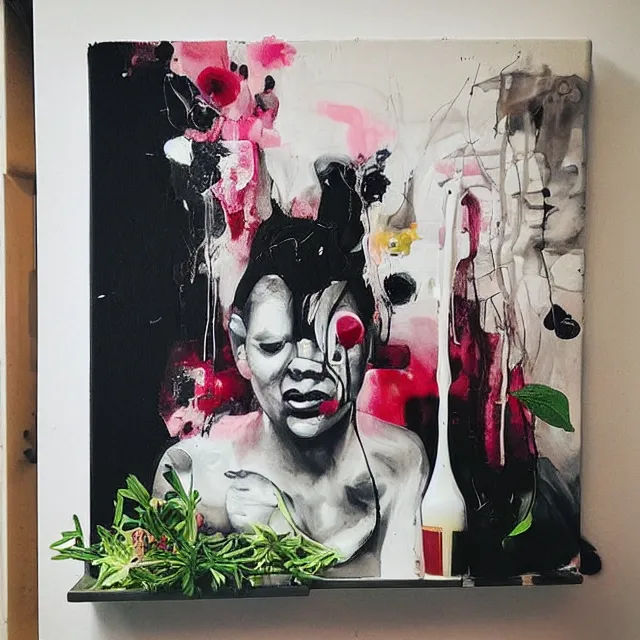 Prompt: “ a portrait in a female art student ’ s apartment, sensual, a pig theme, organic, art supplies, paint tubes, ikebana, herbs, a candle dripping white wax, black walls, squashed berries, berry juice drips, acrylic and spray paint and oilstick on canvas, surrealism, neoexpressionism ”