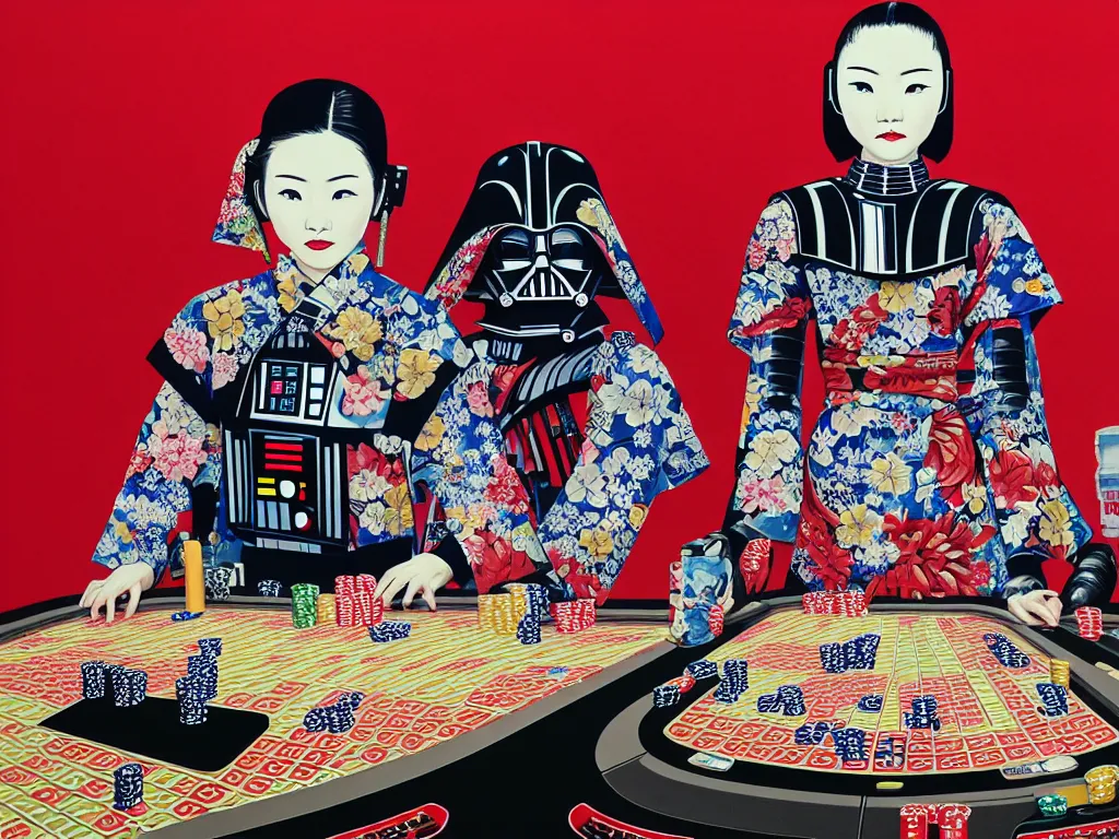 Prompt: hyperrealistic composition of the detailed woman in a japanese kimono with the ( ( c 3 p 0 ) ) robot head sitting at a extremely detailed poker table with darth vader, fireworks, mountain fuji on the background, pop - art style, jacky tsai style, andy warhol style, acrylic on canvas