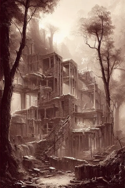 Image similar to (((((a ramshackle manhattan brick brownstone deep in the forest))))) by Raphael Lacoste!!!!!!!!!!!!!!!!!!!!!!!!!!!