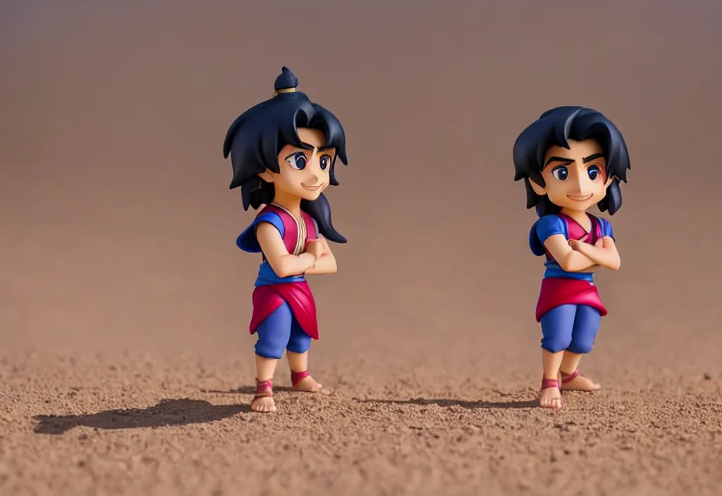 Image similar to side view of young aladdin of disney movie as nendoroid running in desert village, 8 k hd dof, kodak film,