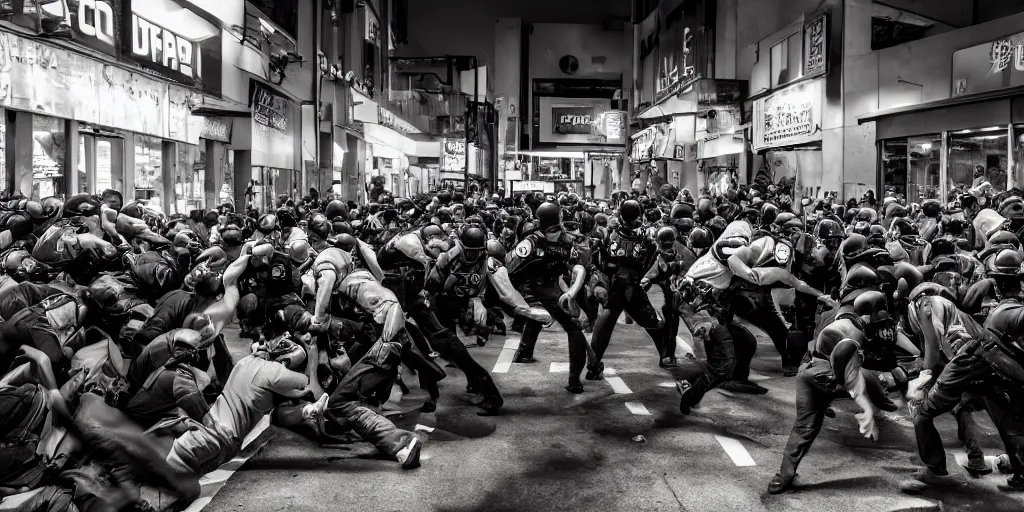 Prompt: crowd of crazy people attacking a crowd of cops in front of stores in lo angeles, photorealism, professional lighting, lighting from streetlights, photo with japanese chill style, conceptual art