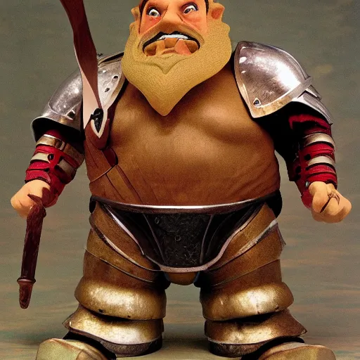 Image similar to gimli the dwarf an 80\'s anime world, wearing armor, incredibly detailed, ultra realistic, satoshi kon