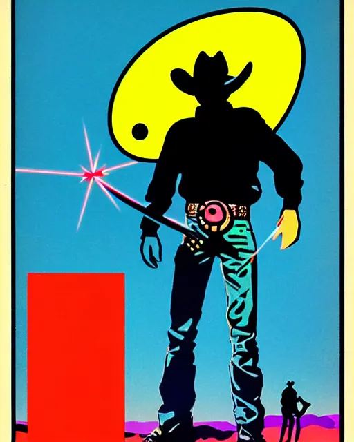 Image similar to laser disk cowboy, 9 0's magazine ad art style