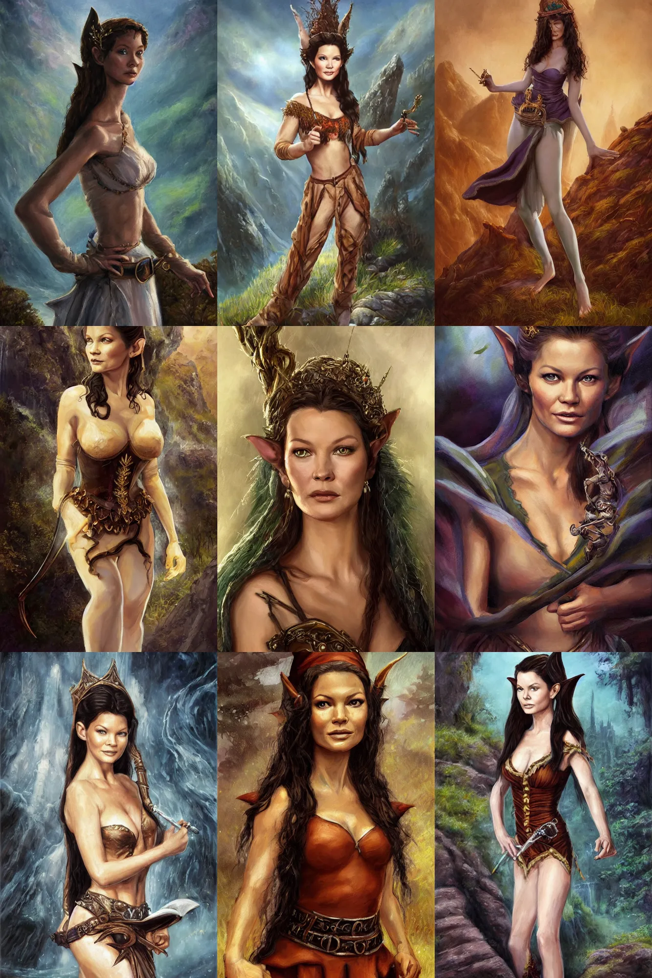 Image similar to a full body high detail fantasy portrait oil painting illustration of young catherine zeta - jones as a beautiful sophisticated singing bard elf by justin sweet with face and body clearly visible, in a scenic background, pupils visible, realistic proportions, d & d, rpg, forgotten realms, artstation trending, high quality, sombre mood, artstation trending, muted colours, entire person visible!