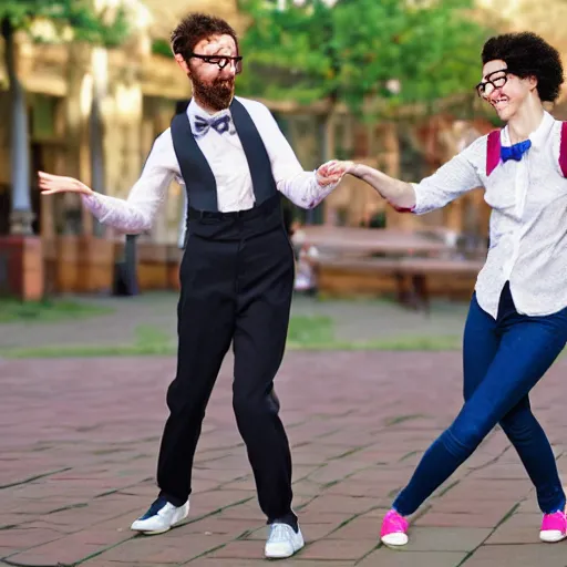 Prompt: photorealistic nerds doing the floss in public