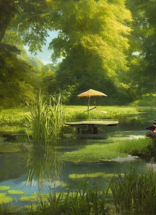 Prompt: a secluded pond in a verdant wetland, extremely detailed oil painting, unreal 5 render, rhads, sargent and leyendecker, savrasov levitan polenov, bruce pennington, studio ghibli, tim hildebrandt, digital art, landscape painting, octane render, beautiful composition, trending on artstation, award winning photograph, masterpiece