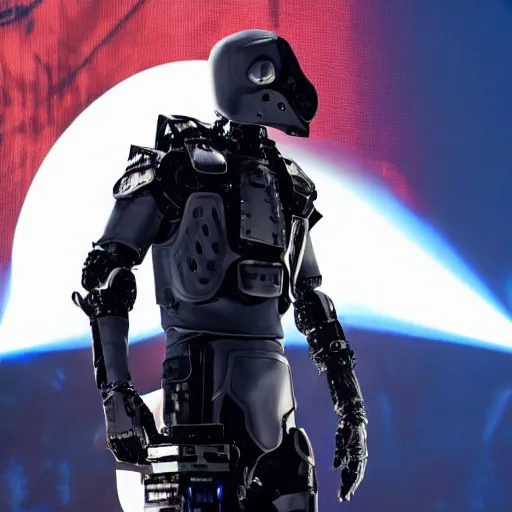 Image similar to eminem wearing a futuristic armored mask with large a large video screen image of eminem where his face should be, and he is wearing black leather exoskeleton mechanical body armor. a mini - gun is attached to the end of a robot arm that mounted on his shoulder - h 6 4 0