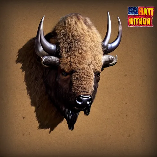 Image similar to hunting trophy bison head in vr helmet nailed to the wall,