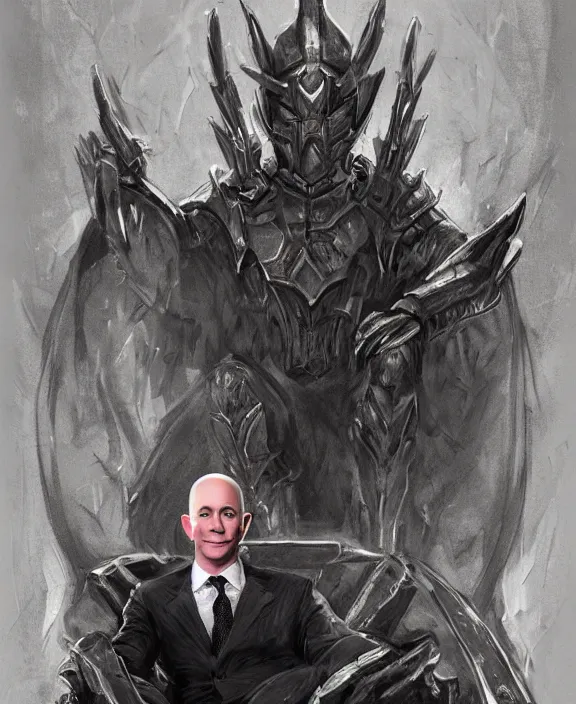 Image similar to a grimdark fantasy concept art portrait of jeff bezos sitting on a dark and evil throne