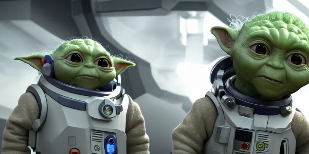 Image similar to a 3 d rendered movie still, wide - angle shot, 1 0 0 meter in the distance, baby yoda wearing a spacesuit, and exploring cosmos in a super awesome space ship. dramatic lighting, imax, 7 0 mm. science fiction blockbuster movie, buzz lightyear.
