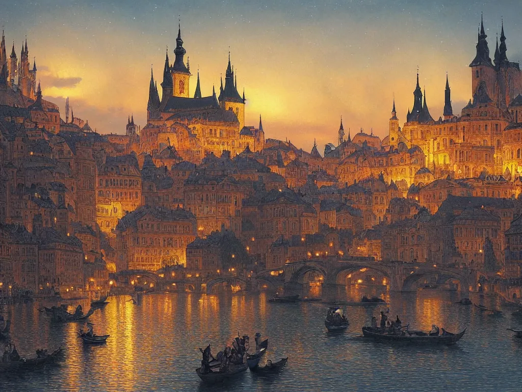 Image similar to a view from the river an ancient medieval castle city resembling prague, paris, and venice at night with northern lights in the sky, intricate, elegant, highly detailed, digital painting, artstation, concept art, smooth, sharp focus, colored illustration for tattoo, art by thomas kincade, krenz cushart and artem demura and alphonse mucha,