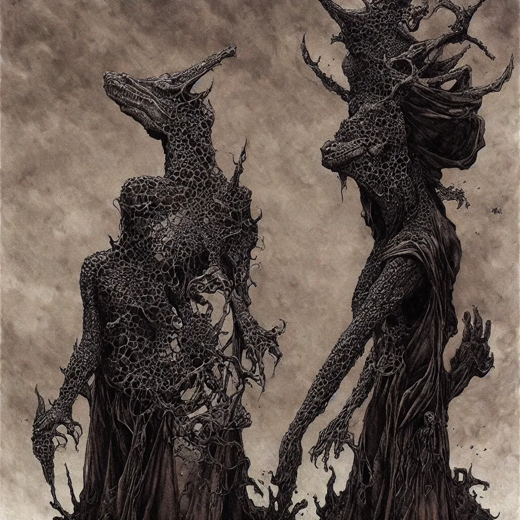 Image similar to A detailed horned crocodilewoman stands among the cosmos. Wearing a ripped mantle, robe. Perfect faces, extremely high details, realistic, fantasy art, solo, masterpiece, art by Zdzisław Beksiński, Arthur Rackham, Dariusz Zawadzki