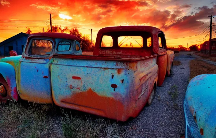 Image similar to A sunset light landscape with historical route66, lots of sparkling details and sun ray’s, blinding backlight, smoke, volumetric lighting, colorful, octane, 35 mm, abandoned gas station, old rusty pickup-truck, beautiful epic colored reflections, very colorful heavenly, softlight