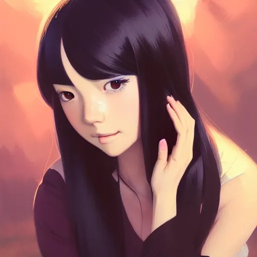 Image similar to a beautiful girl with long black hair, royal garden background, sharp focus, intricate, digital painting, artstation, highly detailed, ambient lighting, portrait by Studio Ghibli, Makoto Shinkai, Rossdraws, artgerm, Ilya Kuvshinov, and Greg Rutkowski