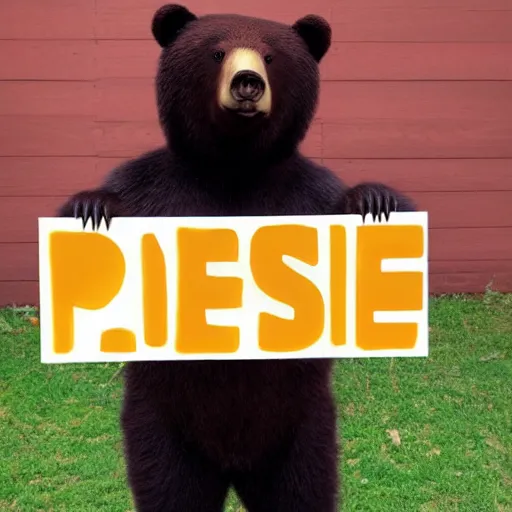 Image similar to a bear holding a'please'sign, in the style of pixar