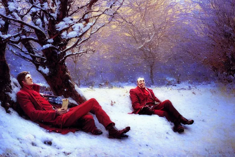 Prompt: winter, a clean - shaven white businessman relaxing under a world tree with red flowers, ground covered with snow, extreme long shot, fantasy, painting by gaston bussiere, craig mullins, j. c. leyendecker, trending on artstation