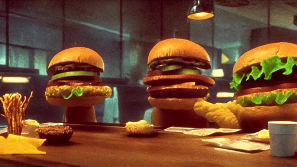 Prompt: the strange cheeseburger creature at the fast food place, film still from the movie directed by denis villeneuve and david cronenberg with art direction by salvador dali and zdzisław beksinski