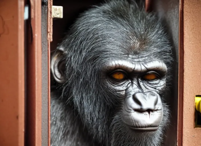 Prompt: scary ape inside fuse box in post communist apartment building