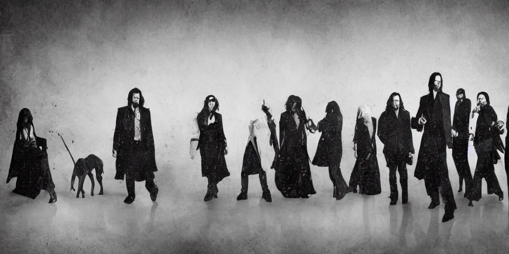 Prompt: John Wick, a black and white photo of a group, an album cover by David Gilmour Blythe, pinterest, bauhaus, tesseract, composition, national geographic photo, flemish baroque