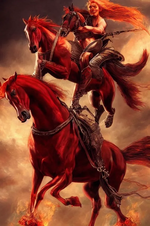 Prompt: the horseman of the apocalypse riding a red stallion, horse is up on it's hindlegs, the rider looks carries a large sword, flames, artwork by artgerm and rutkowski, breathtaking, dramatic