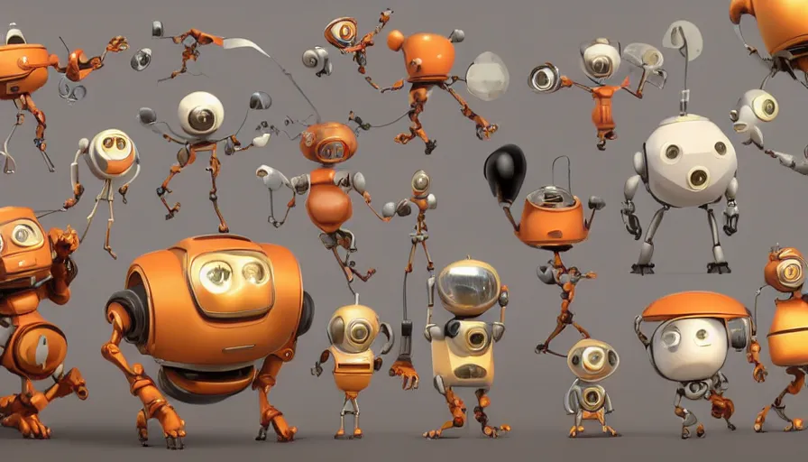 Prompt: very very very cute robots by Max Kostenko and Bobby Chiu, disney, pixar, MPC, Framestore, character design for animation, uplight, a lineup of characters, big disney eyes, symmetrical eyes, cuteness, 3d render, octane rendered, rendered by maya and houdini, highly detailed, unreal engine, Trending on Artstation, octane render, 4k, 8k, HD, oil on Canvas by Elena Zhurikhina and Goro Fujita and Charlie Bowater