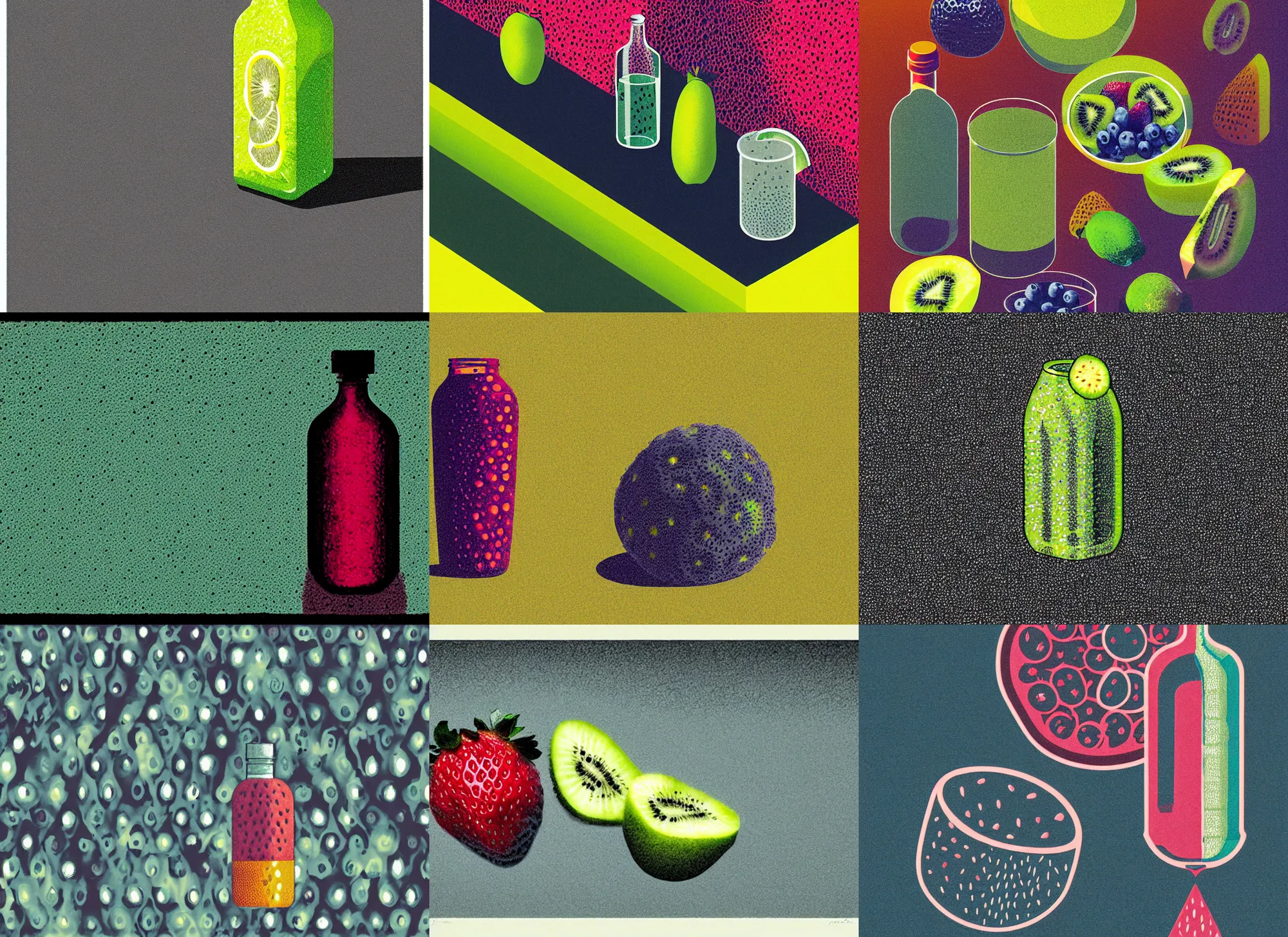 Prompt: ( ( dither ) ), editorial illustration portrait of strawberries blueberries sliced kiwi sliced lemon inside a clear drinking bottle, ( ( isometric ) ), modern art deco, ( ( mads berg ) ), karolis strautniekas, stippled light, fog, fine texture, dynamic composition, matte print