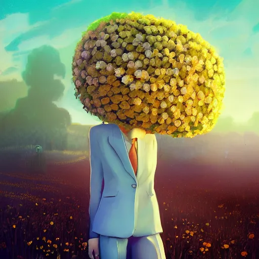 Prompt: giant daisy flower on head, frontal, girl in a suit, surreal photography, sunrise, dramatic light, impressionist painting, digital painting, artstation, simon stalenhag
