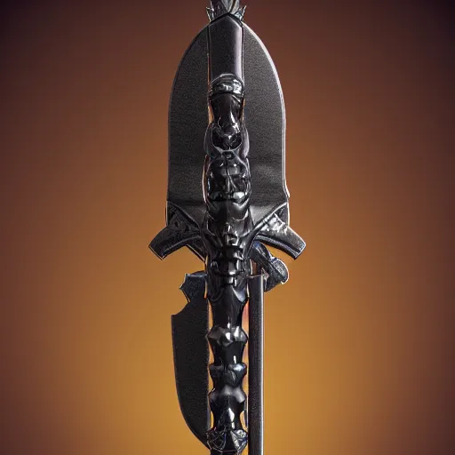 Image similar to a black sword skull handle, ornament, weapon, a 3 d render by dom qwek, studio lighting, front side view, trending on polycount, hard surface modeling, rendered in maya, 3 ds max, blender, artstation hd, vray