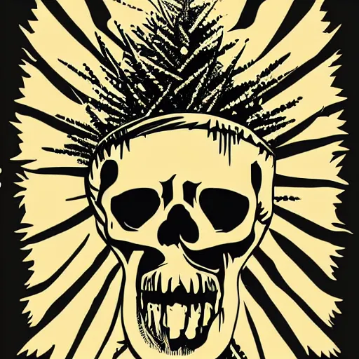 Image similar to dark death metal themed vector illustration for a record label, trees. forest, spikes, skull, microphone, skull, award winning, grunge, iconic, golden ratio